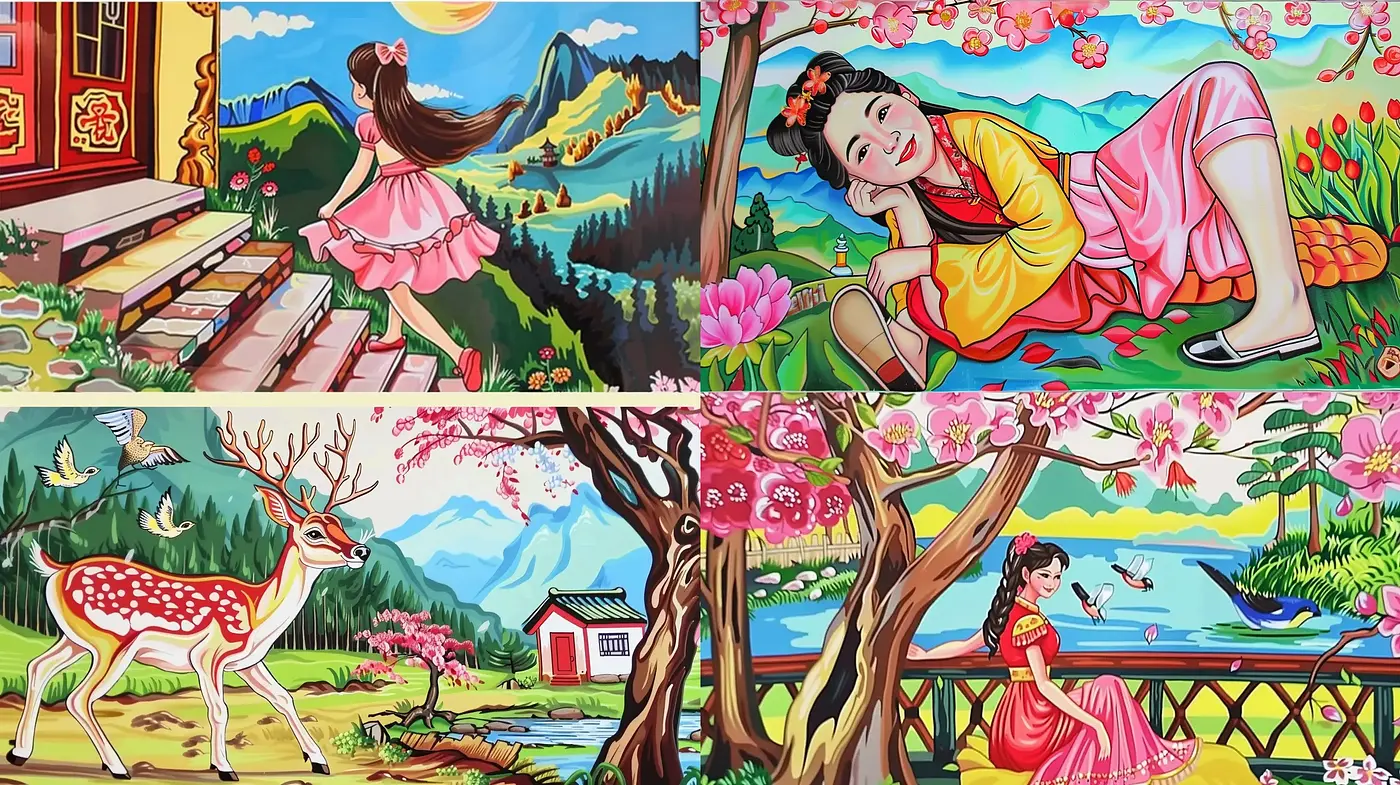 Enchanting Asian Folklore Tableaus with a Vibrant Modern Twist - Midjourney sref style
