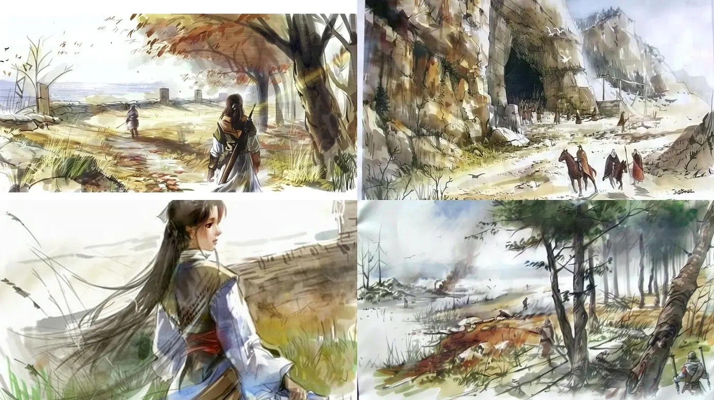 Ethereal Brushstrokes: A Harmonious Symphony of Earthy Hues and Flowing Lines - Midjourney sref style