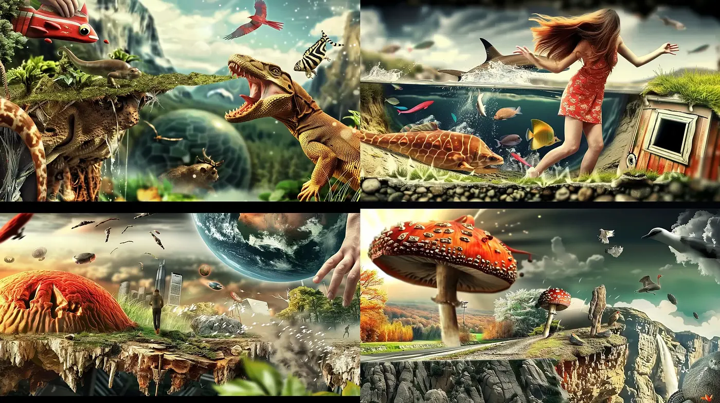 Surreal Dreamscapes with Vivid Nature and Dynamic Elements - Midjourney sref style
