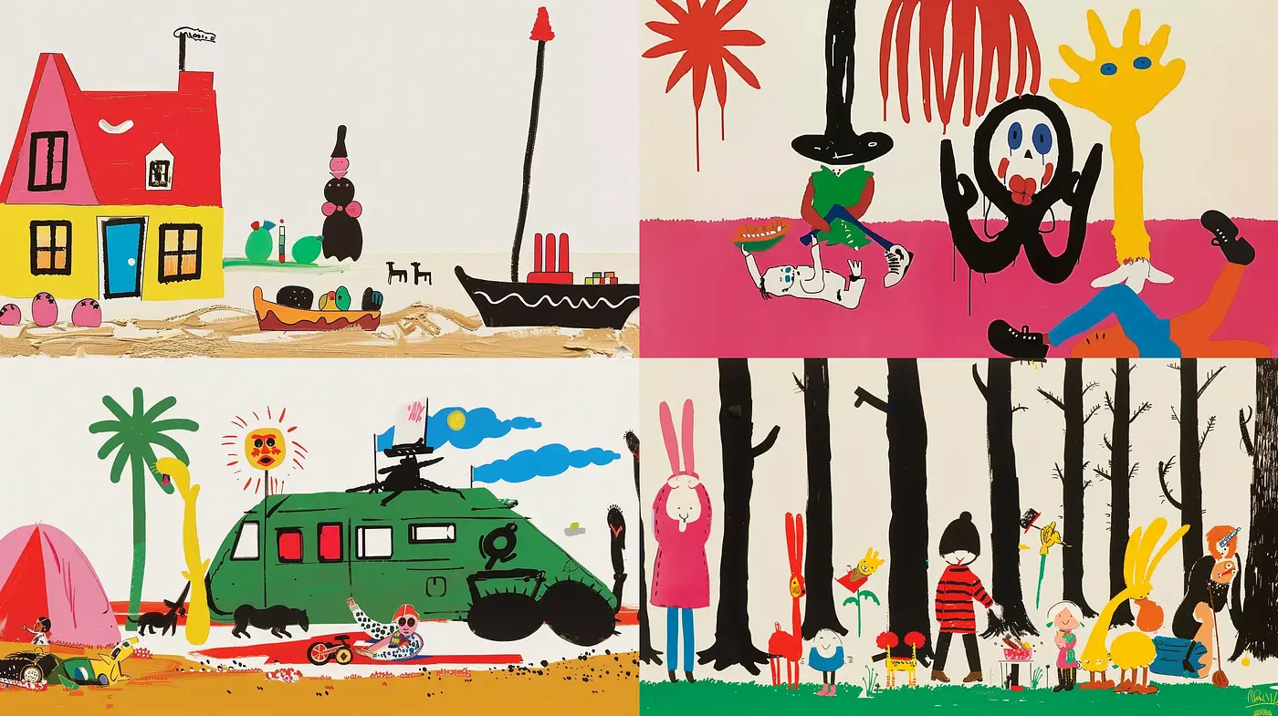 Whimsical Narrative in Vivid Childlike Expressionism - Midjourney sref style