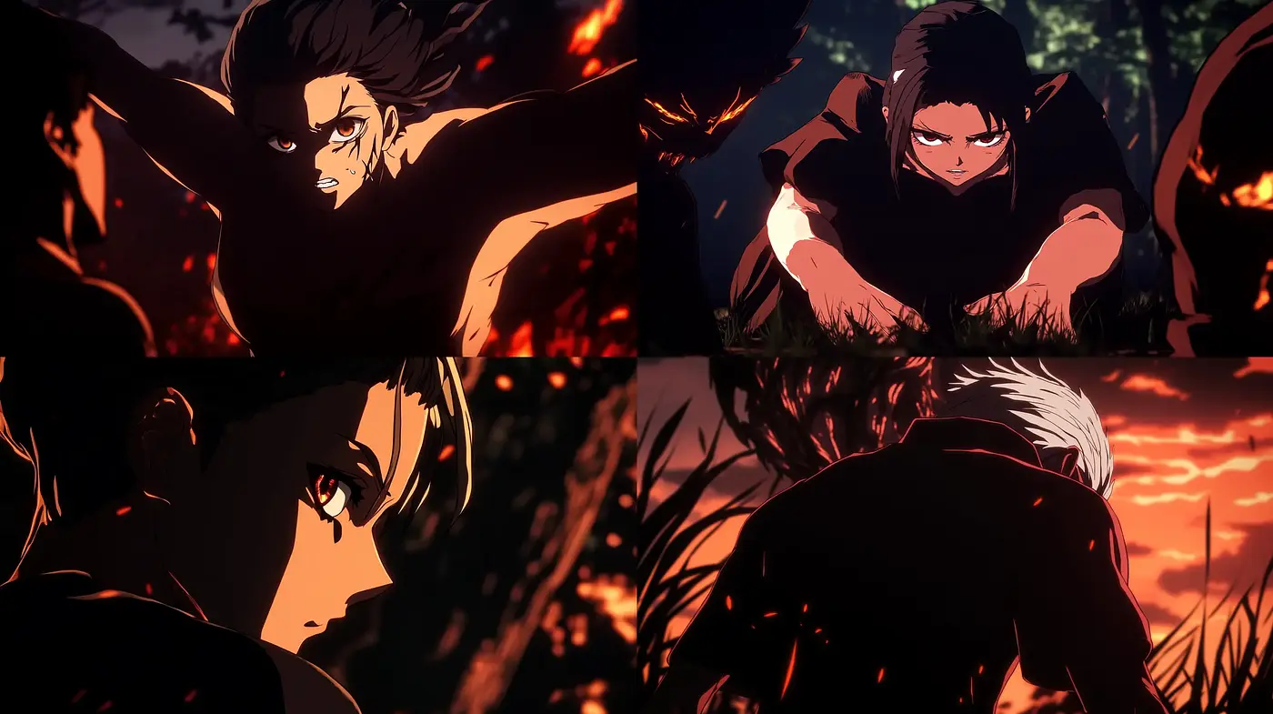 Dynamic Ember Hues: Intense and Fiery Anime-Inspired Vignettes - Midjourney sref style