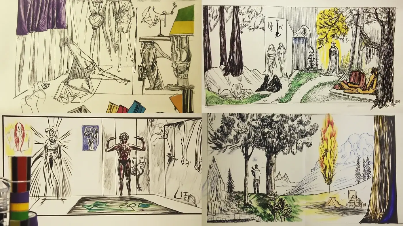 Sketchbook Chronicles: Pen-and-Ink Musings with Pops of Pastel - Midjourney sref style