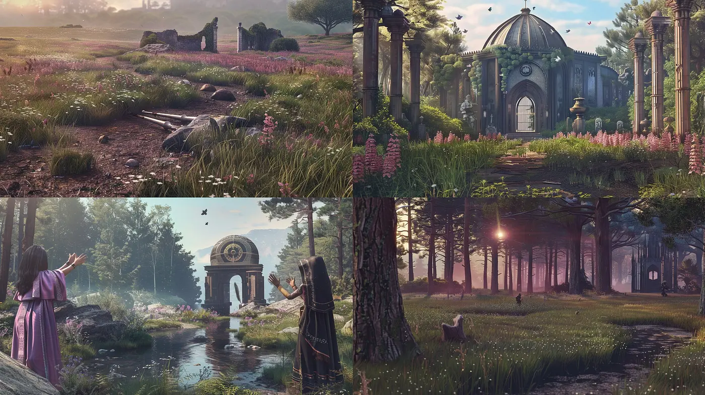 Ethereal Pastoral Dreamscapes: A Harmonious Blend of Tranquil Nature and Ancient Structures - Midjourney sref style