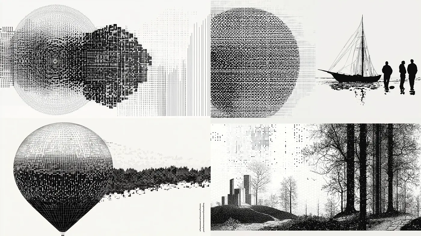Monochrome Geometric Halftone Fusion - Midjourney sref style
