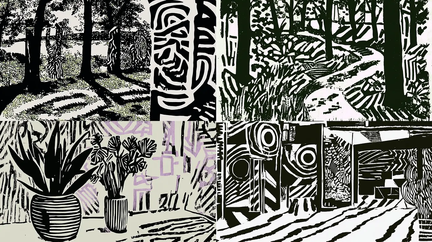 Stylized Monochromatic Woodcut Aesthetic - Midjourney sref style