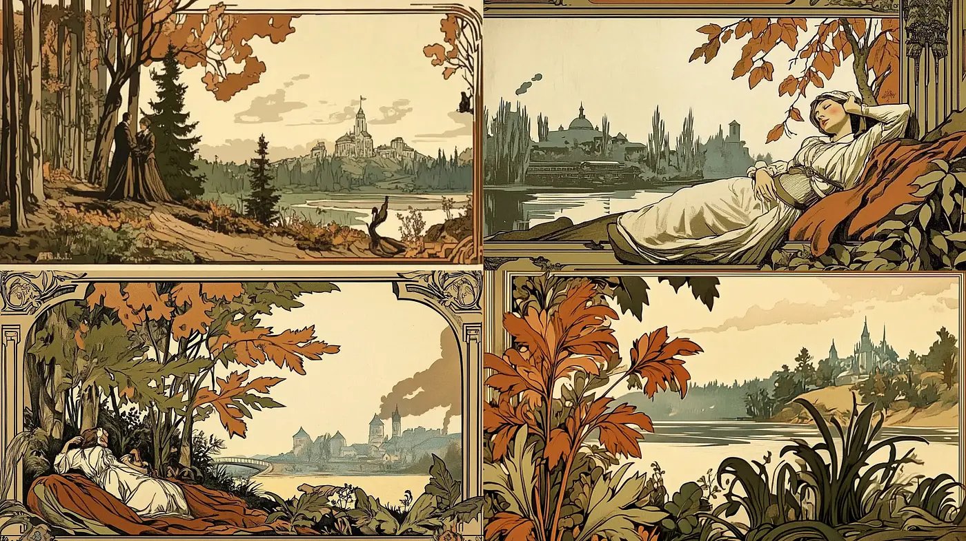 Autumnal Elegance in Storybook Art Nouveau - Midjourney sref style