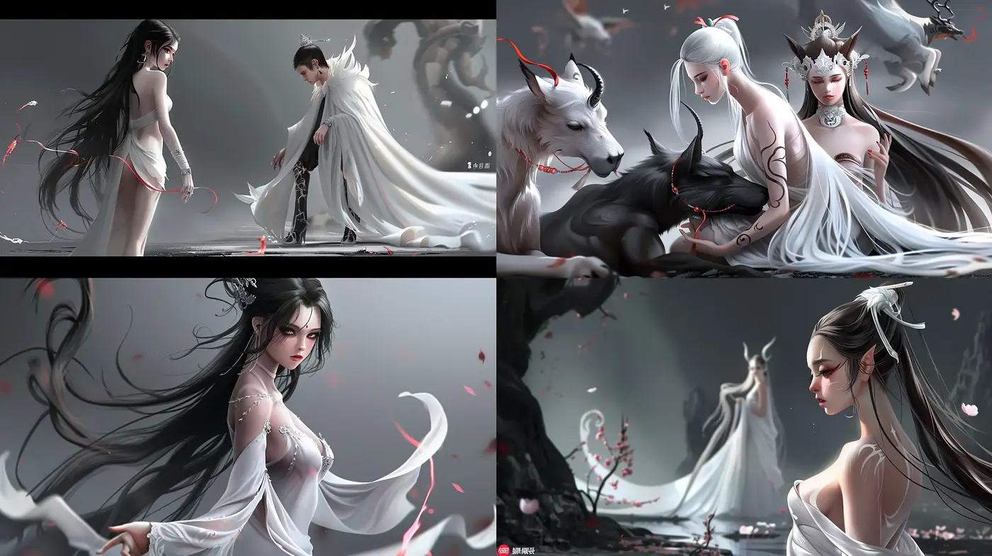 Ethereal Monochrome Fantasy with Crimson Accents - Midjourney sref style