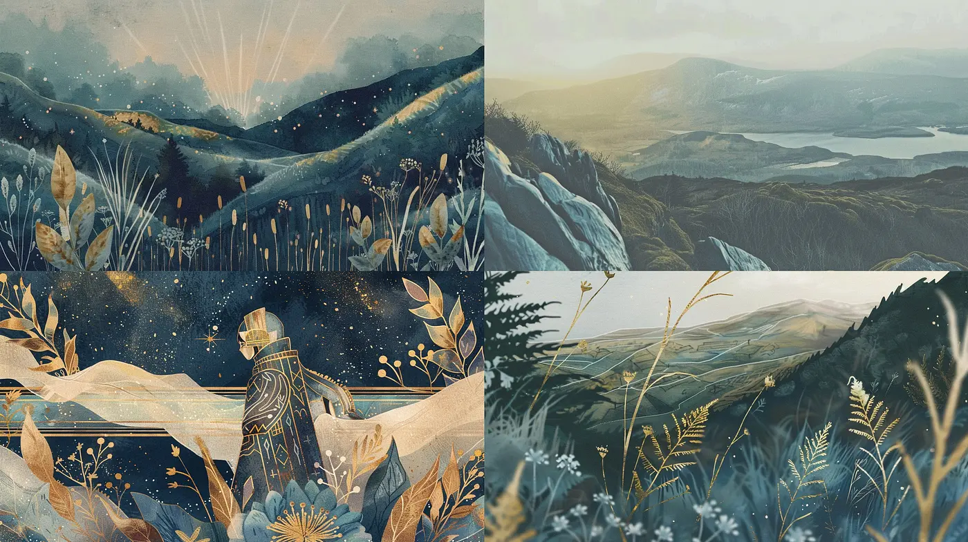 Ethereal Natural Landscapes with Stylized Botanical Motifs - Midjourney sref style