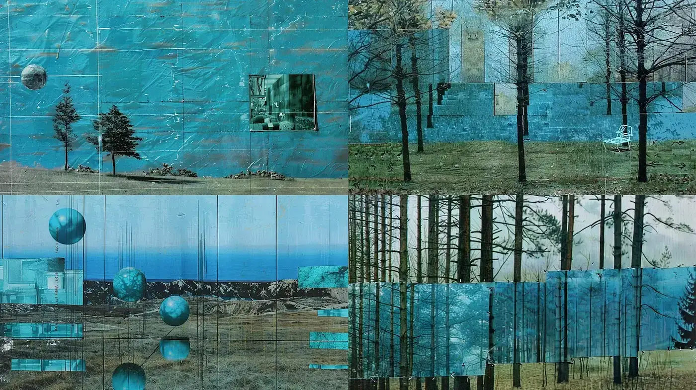 Blue-Toned Surreal Landscape with Geometric Elements - Midjourney sref style