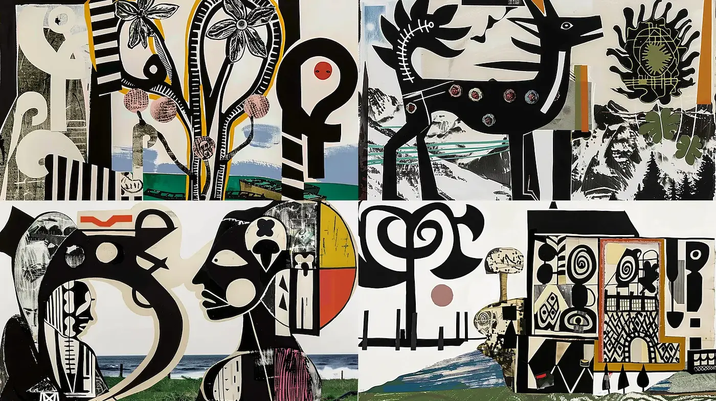 Abstract Collage with Stylized Figures and Geometric Forms - Midjourney sref style