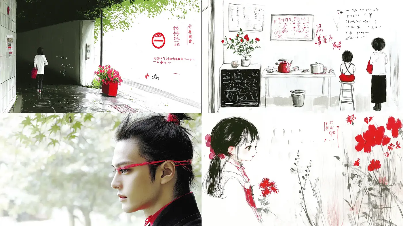 Ephemeral Scarlet Blossoms: A Fusion of Photorealism and Ink Wash Elements - Midjourney sref style