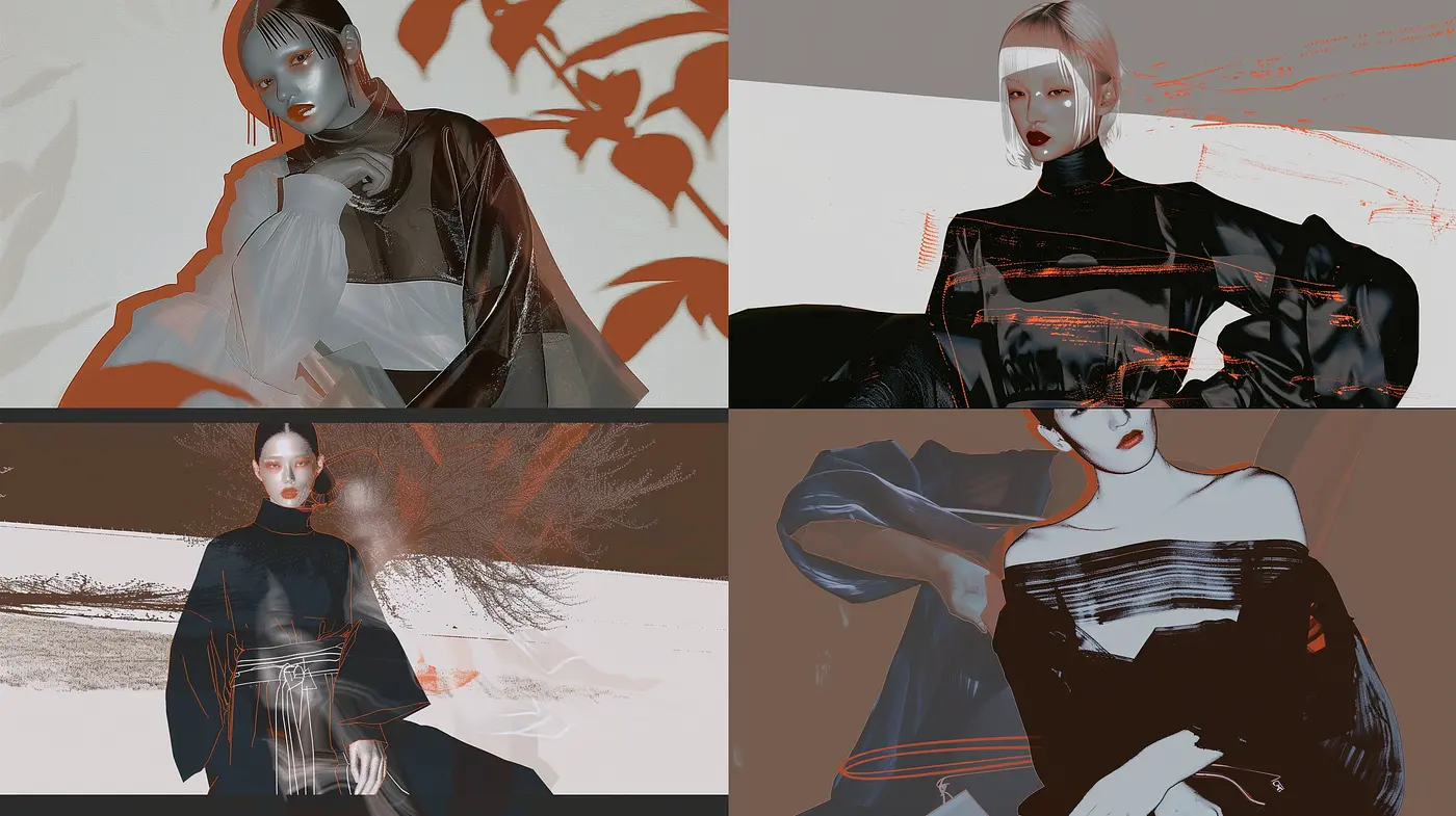 Ethereal Monochrome Elegance with Surrealistic Orange Accents - Midjourney sref style