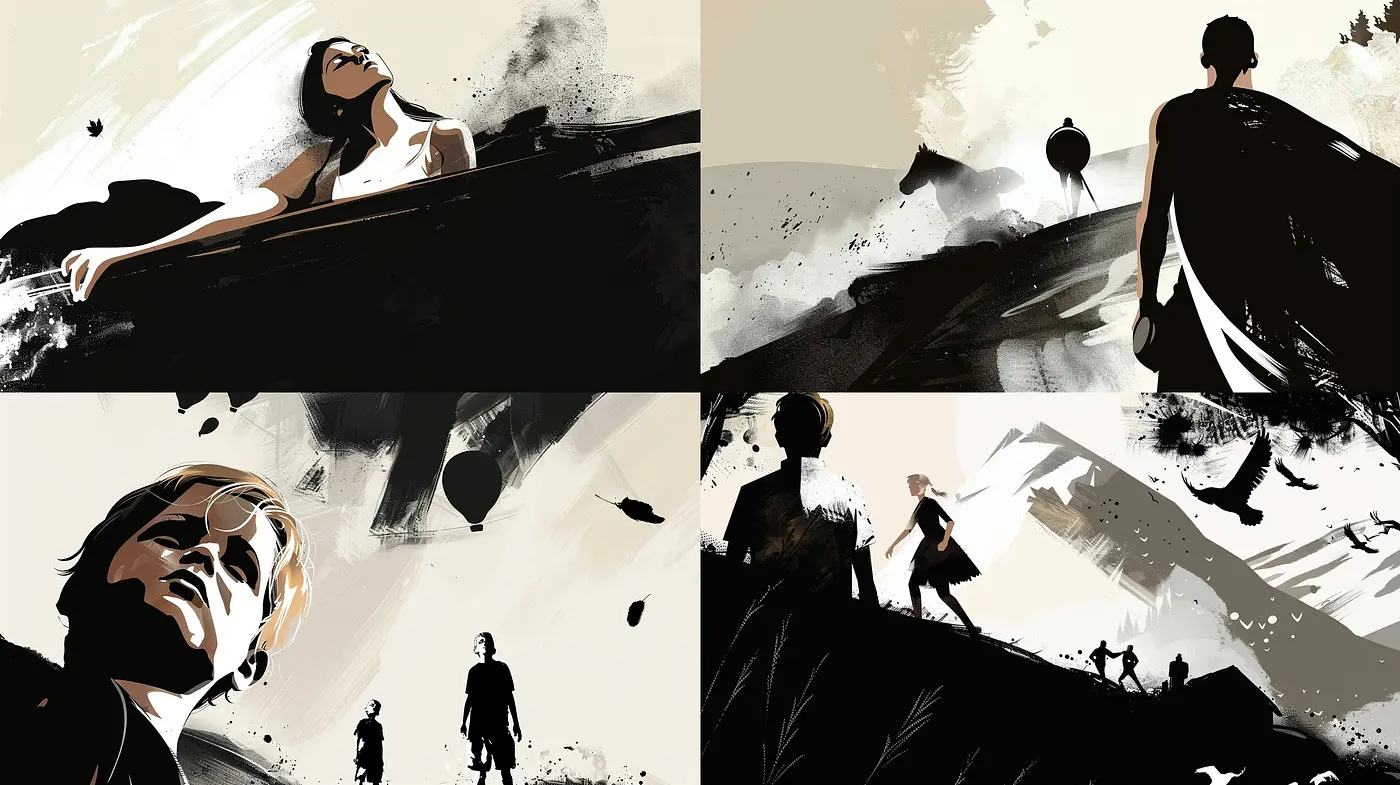 Monochromatic Tales: Strokes of Emotion in Sepia and Sable - Midjourney sref style