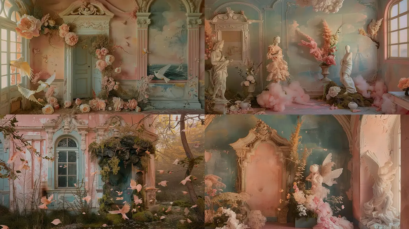 Ethereal Rococo Reverie: A Dreamlike Interpretation of 18th Century Opulence - Midjourney sref style