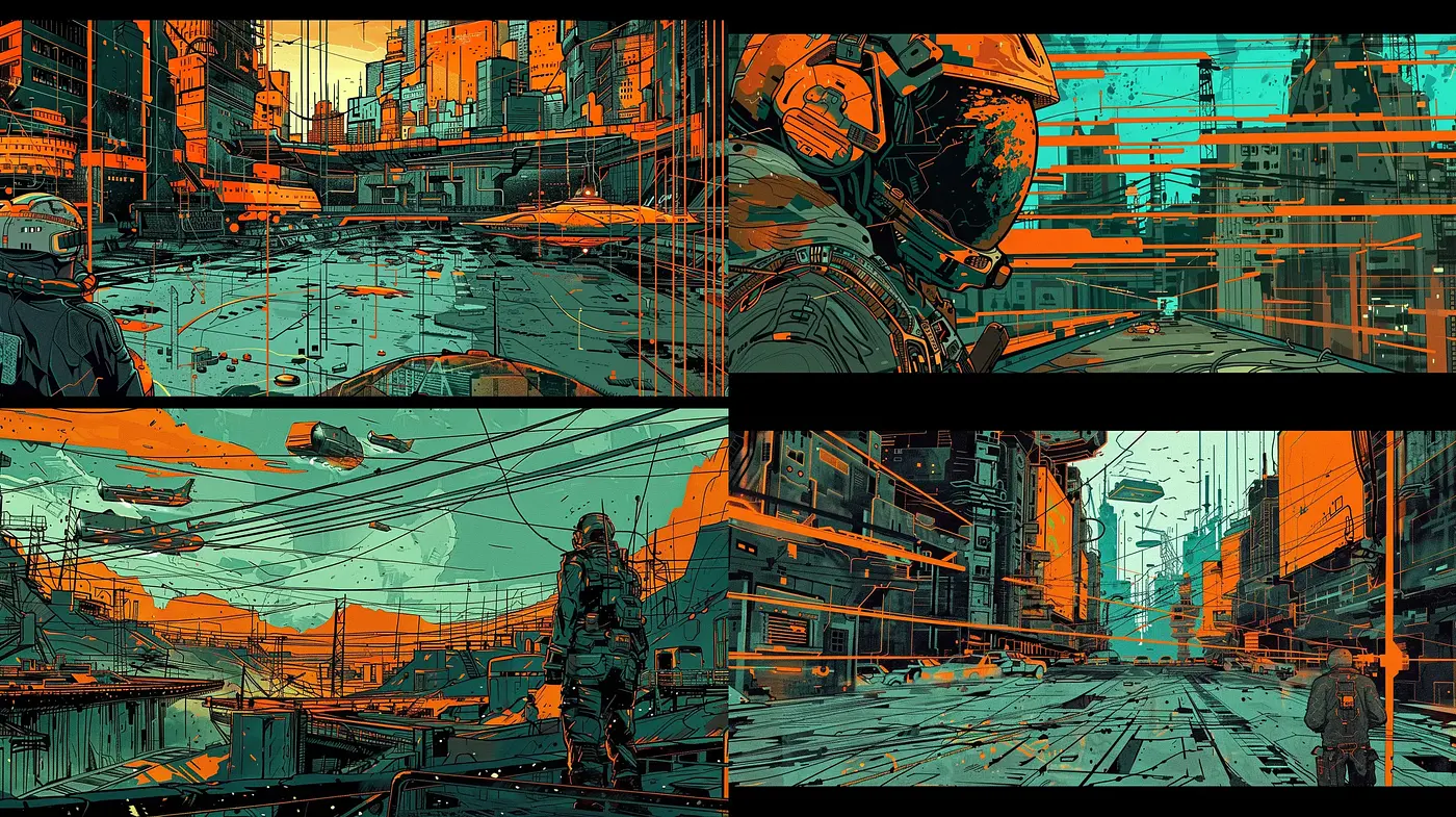 Cyberpunk Cityscape: A Fusion of Teal and Orange with Dynamic Sketch Lines - Midjourney sref style