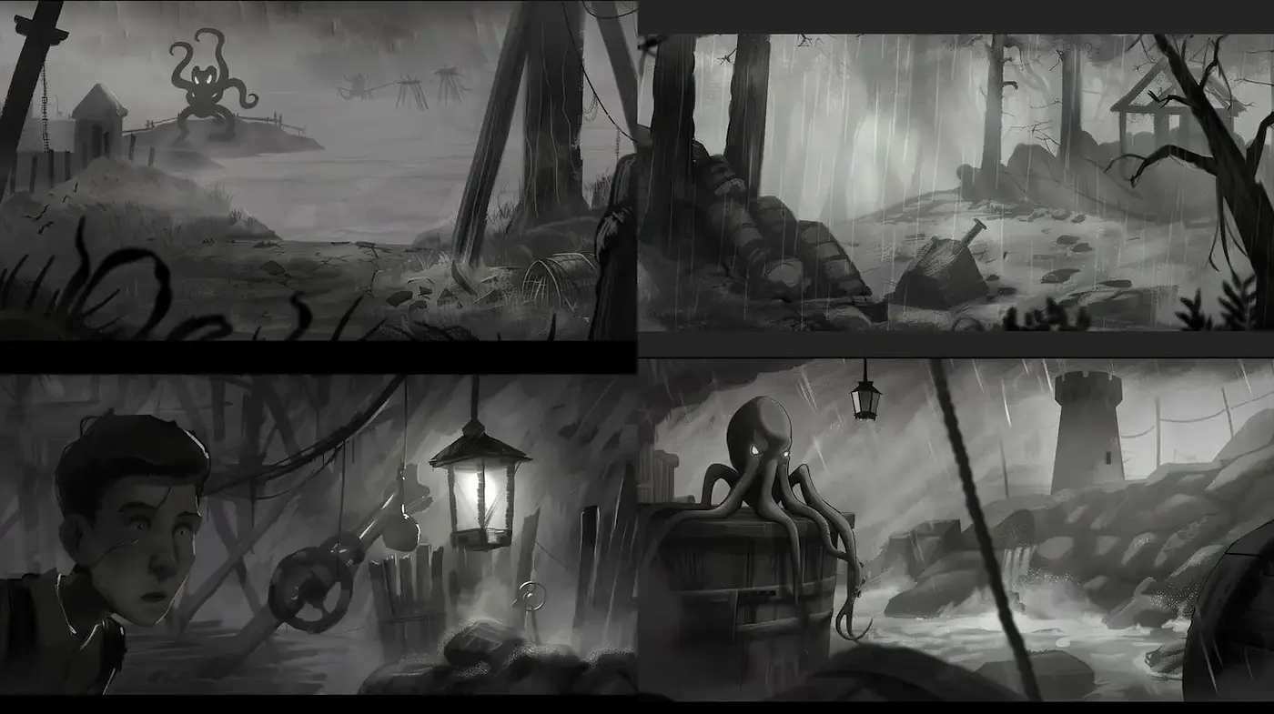 Mysterious monochrome landscapes with a haunting atmosphere - Midjourney sref style