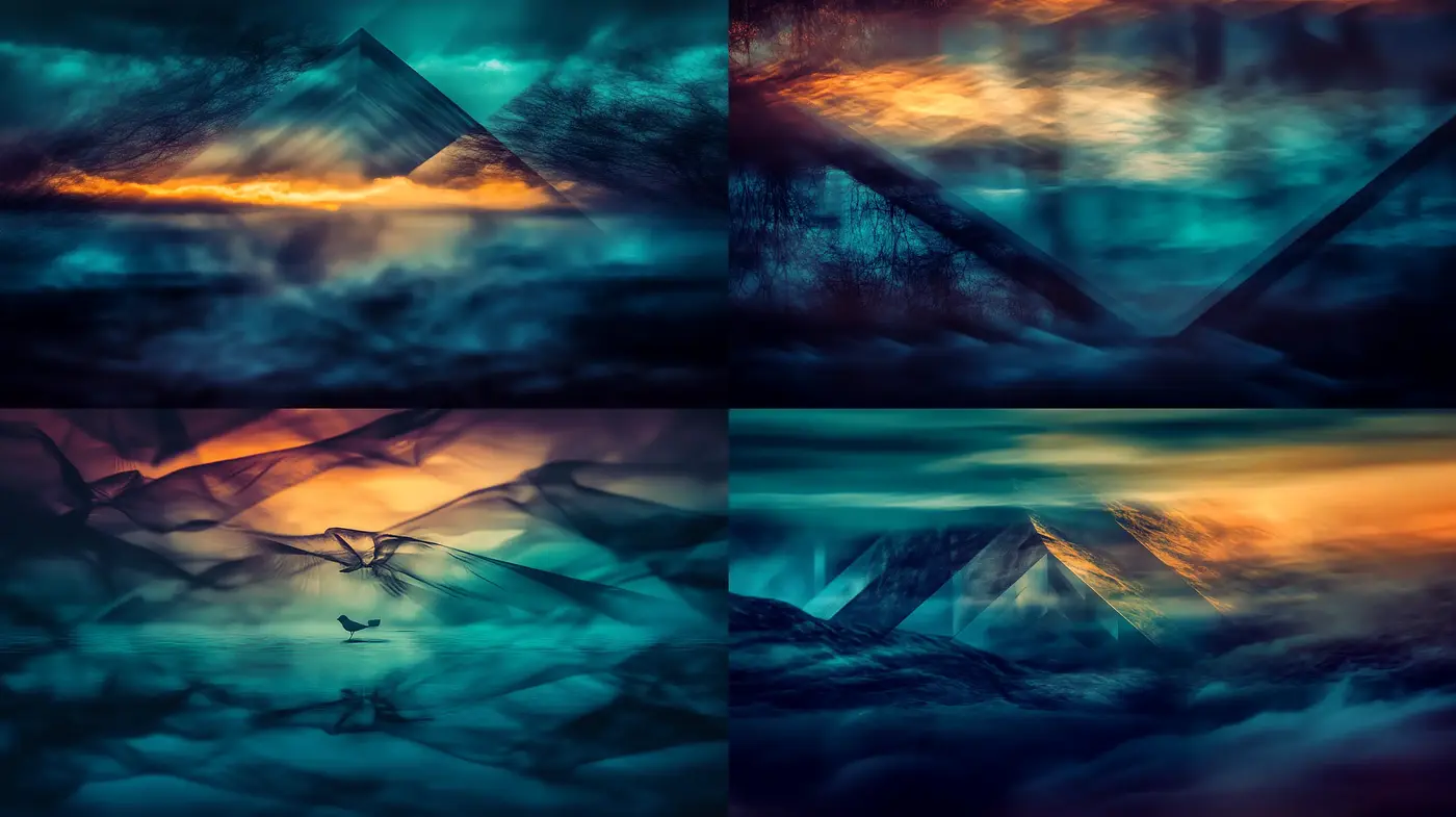 Ethereal Dreamscape Visions: A Fusion of Surrealist Landscapes and Cinematic Color Blending - Midjourney sref style