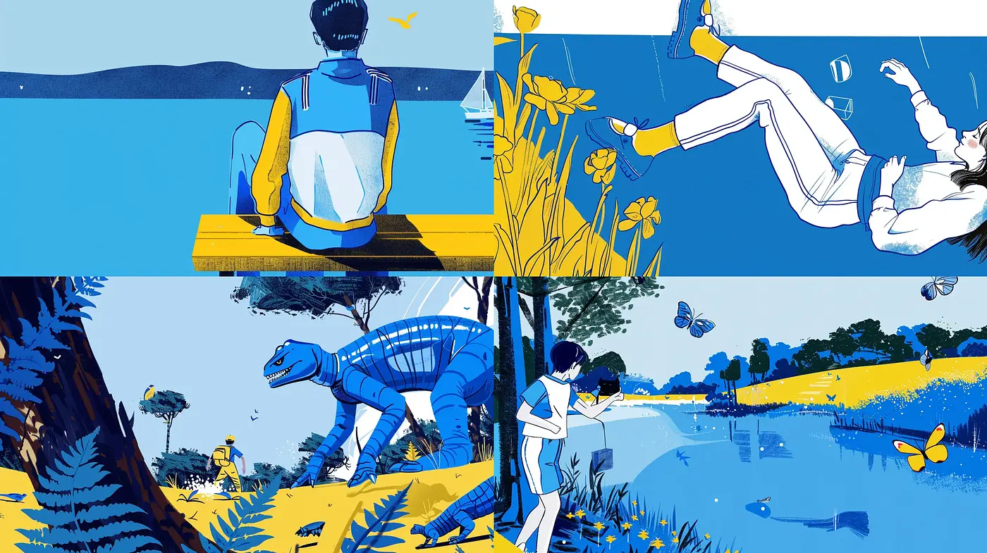 Serene Cyan Stories: A Harmonious Blend of Simplified Forms and a Monochromatic Blue Palette - Midjourney sref style