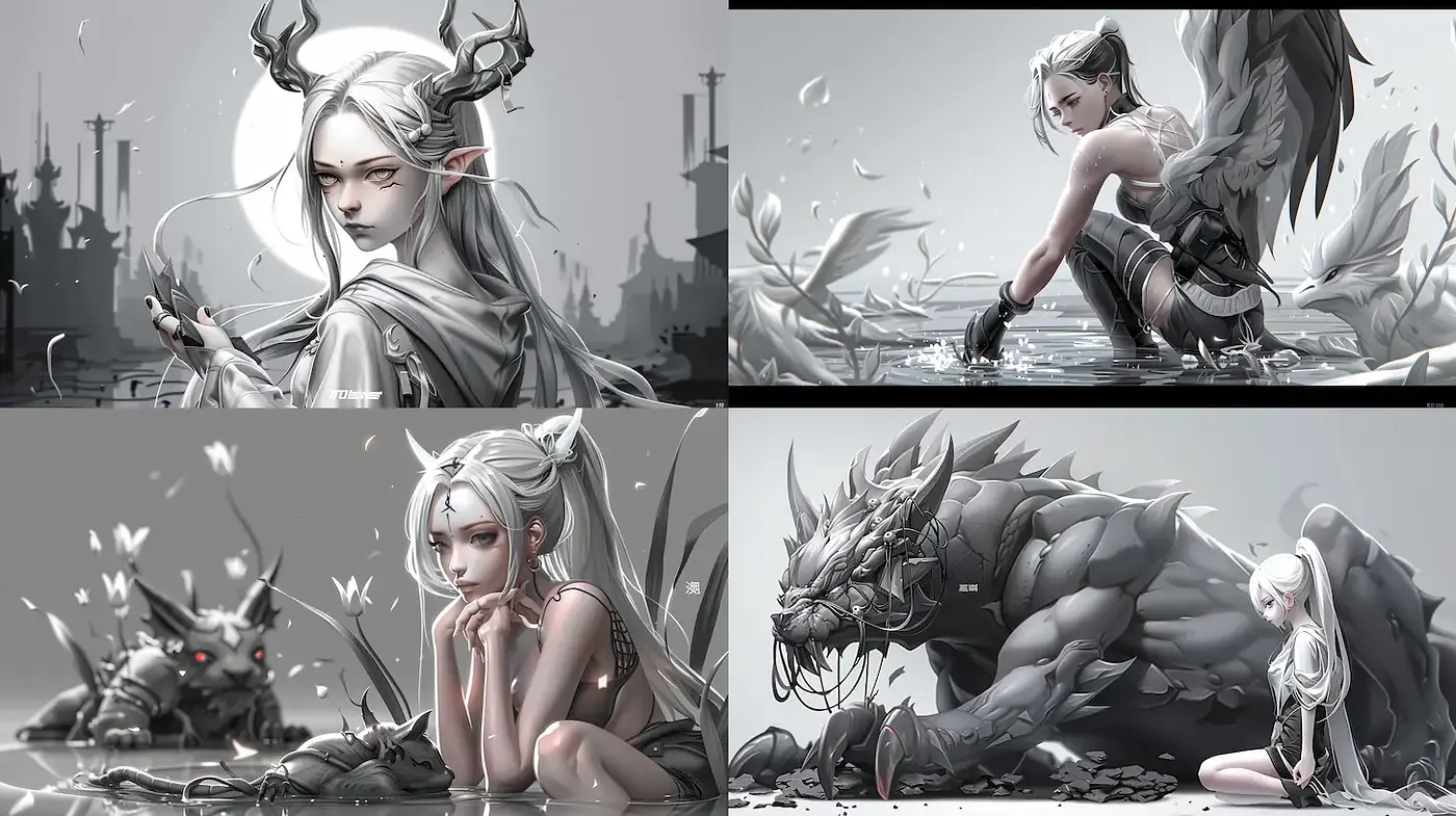 Dark Fantasy Aesthetic with Ethereal Characters and Monochromatic Palette - Midjourney sref style