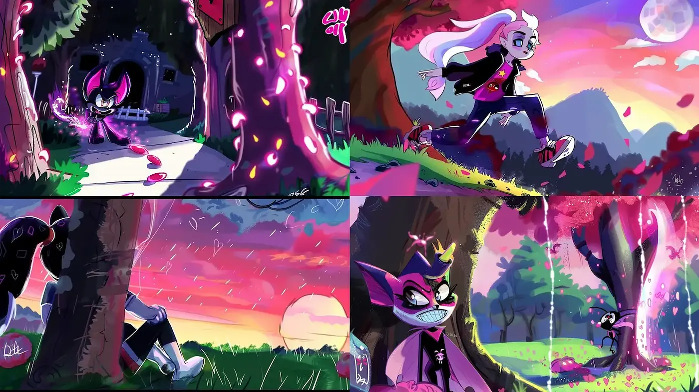 Vibrant and whimsical cartoon landscape with enchanting characters - Midjourney sref style