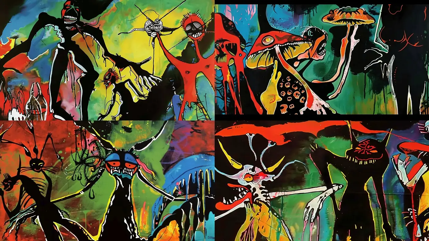 Abstract Primal Fervor: A Dive into Vivid Surrealism and Dynamic Brushwork - Midjourney sref style