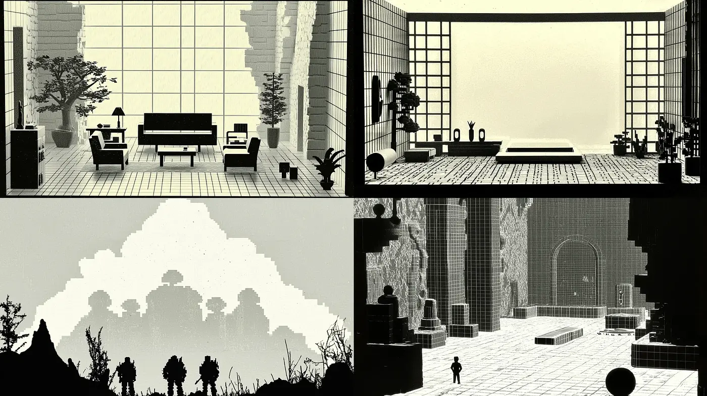 Monochromatic Silhouette Elegance in Stylized Environments - Midjourney sref style