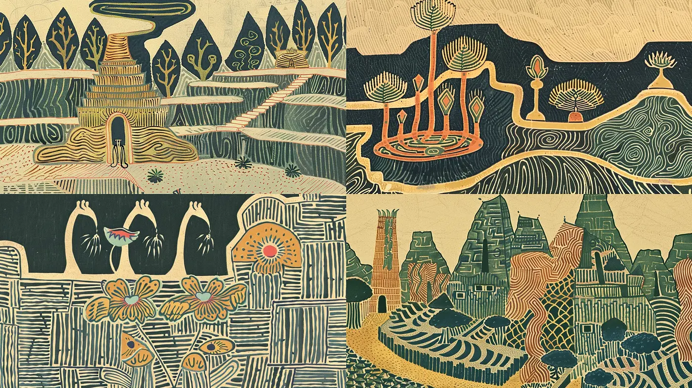 Enigmatic Tapestry of Stylized Flora and Mythical Landscapes - Midjourney sref style