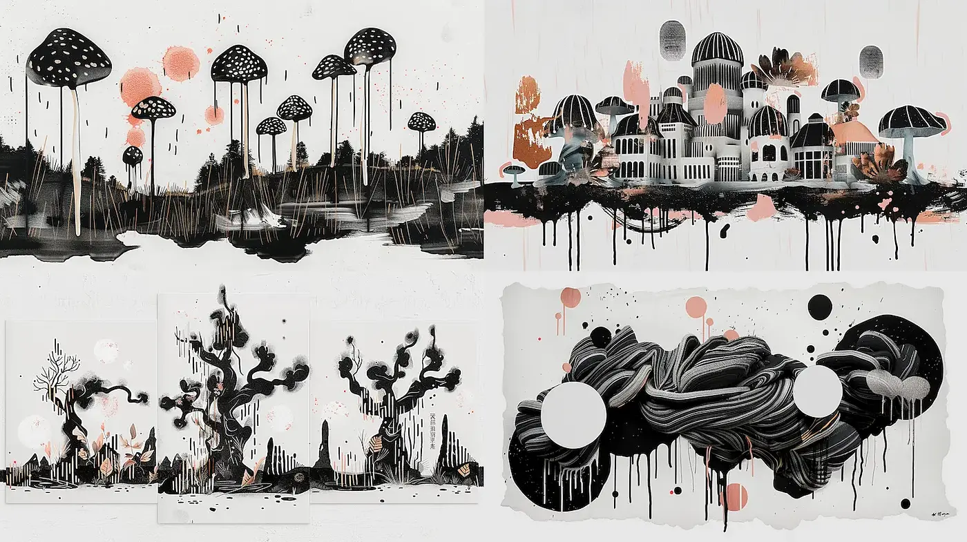Quirky Black and White Ink Illustrations with Nature Elements - Midjourney sref style