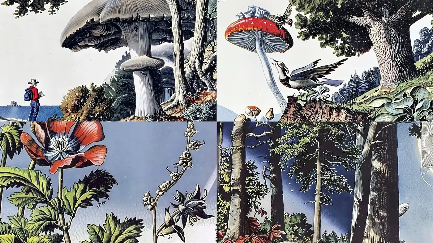 Surreal botanical landscapes with vivid detail and whimsical charm - Midjourney sref style