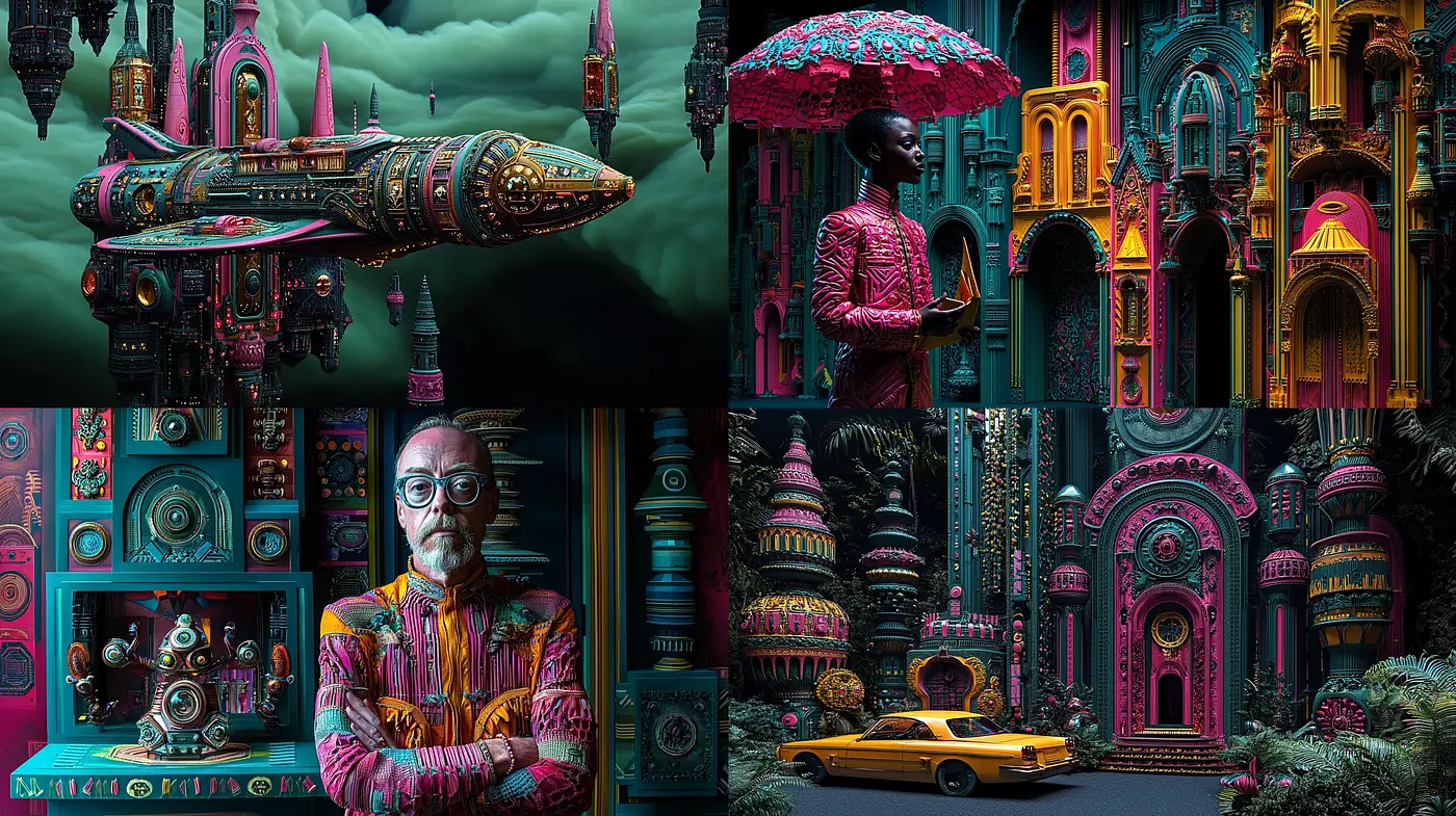 Surreal Architectural Dreamscape in Vivid Teal and Pink - Midjourney sref style