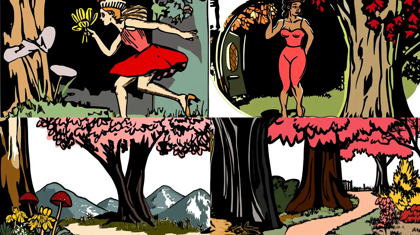 Enchanted Forest Walk: A Stylized Interpretation with Storybook Qualities - Midjourney sref style