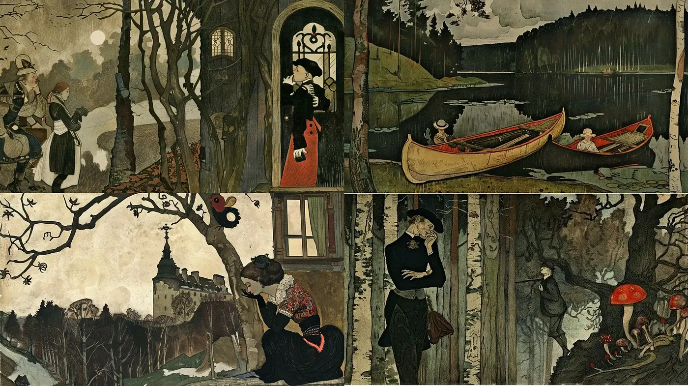 Enigmatic Storybook Fusion with Nature and Folklore Elements - Midjourney sref style