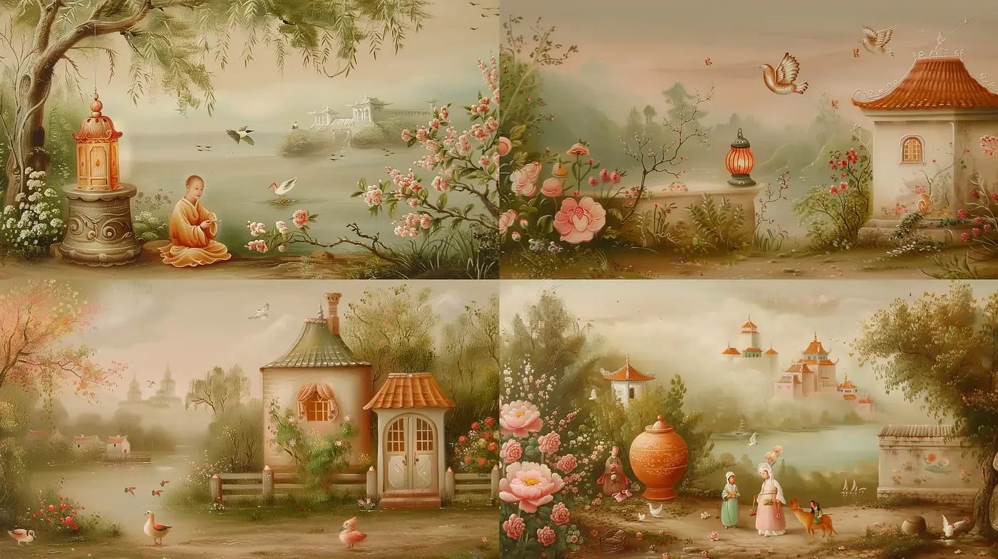 Tranquil Pastoral Dreamscapes with Ethereal Overtones - Midjourney sref style
