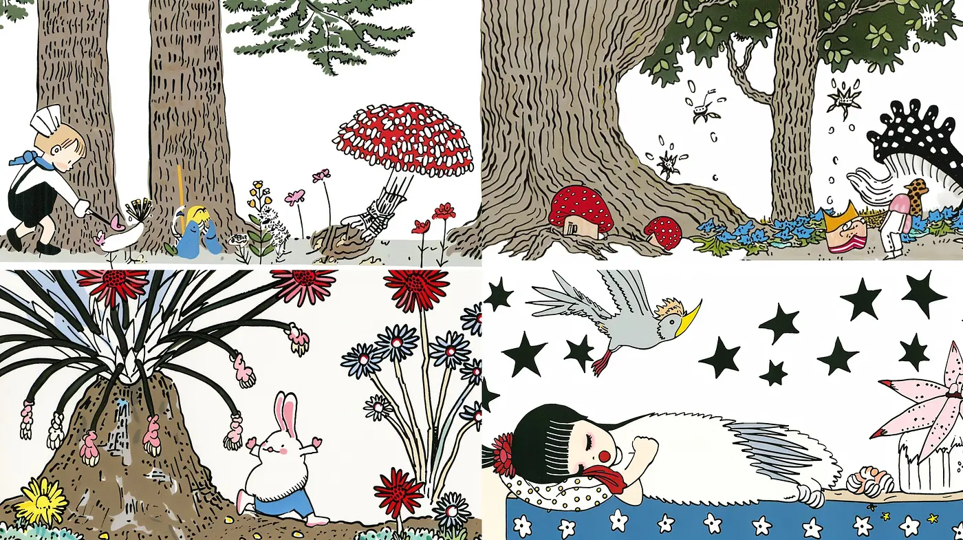 Whimsical Storybook Fusion with a Touch of Modern Illustration - Midjourney sref style