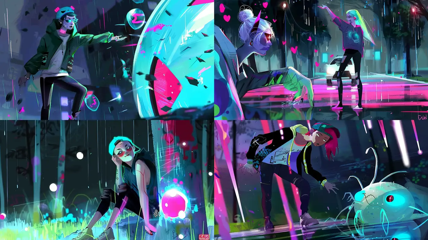 Neon-Glow Cyberpunk Dreamscape with Ethereal Overtones - Midjourney sref style