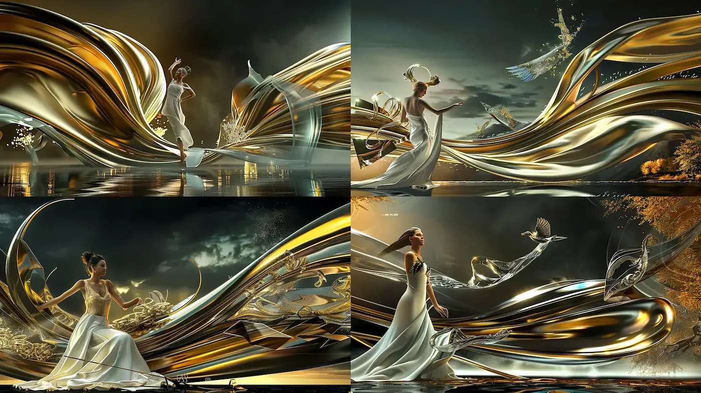 Elegant Fluid Dynamics with a Golden Essence - Midjourney sref style
