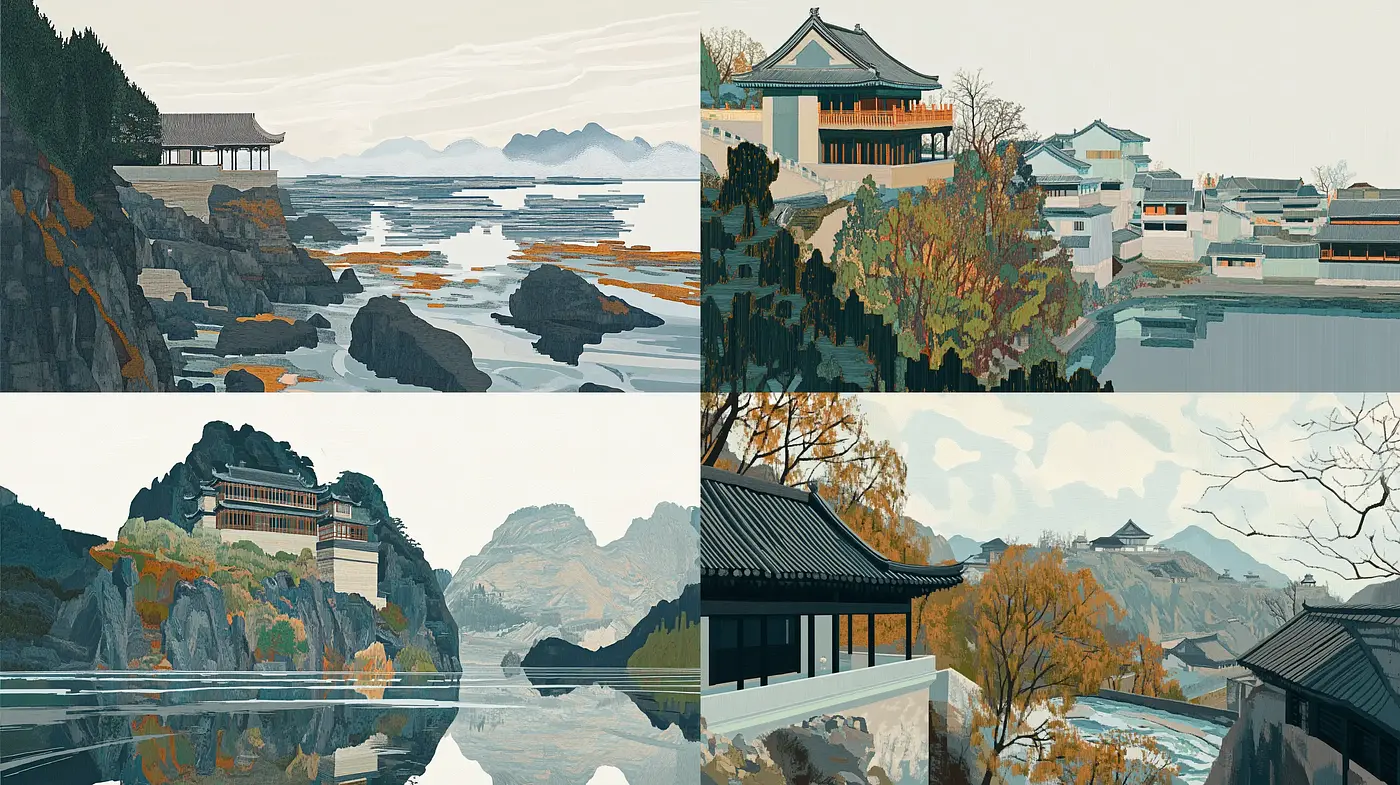 Serene Oriental Landscapes with Textured Brushwork and Muted Tones - Midjourney sref style