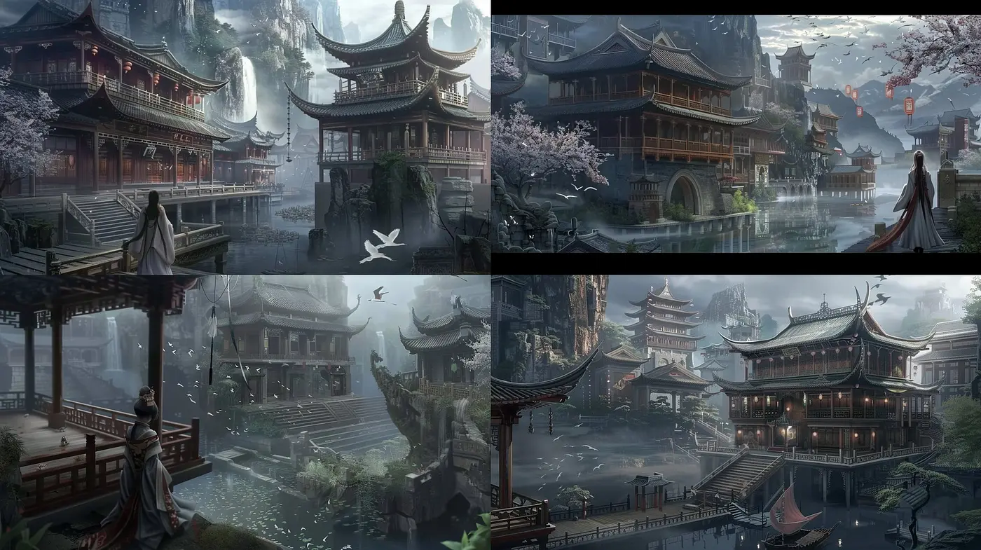 Ethereal Serenity: A Homage to Tranquil Eastern Landscapes in Mist - Midjourney sref style