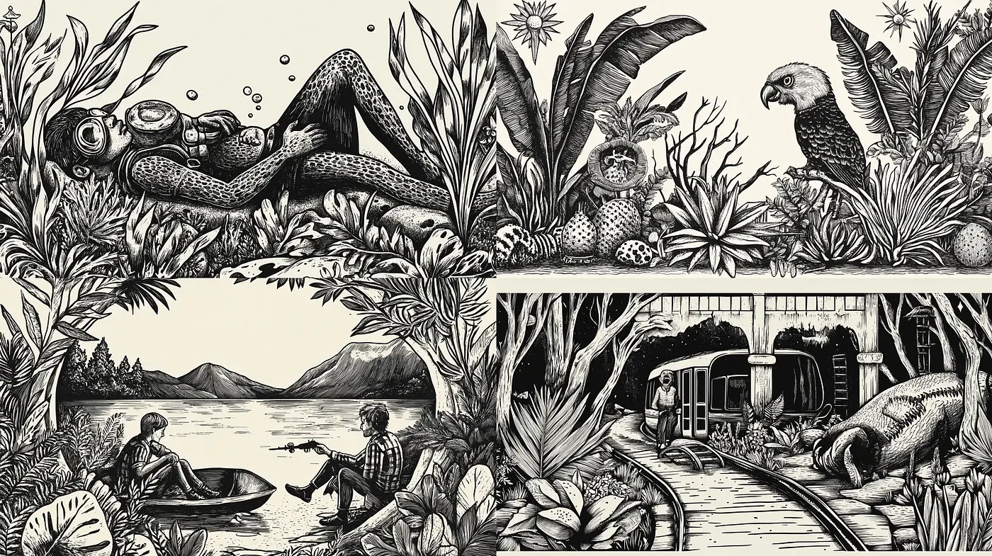 Monochromatic Engraved Nature Series With Surrealistic Touch - Midjourney sref style