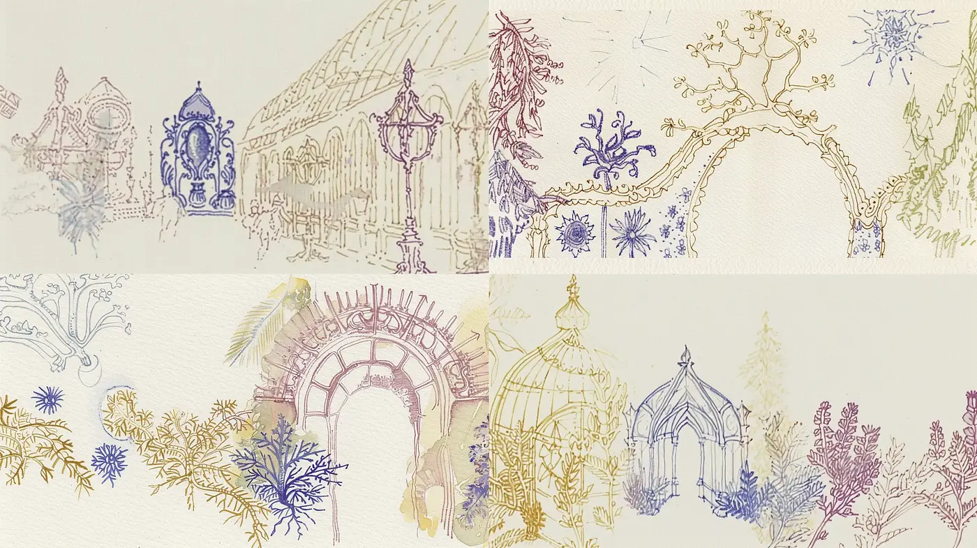 Botanical Elegance in Pen and Pastel: Architectural Flourishes Meet Flora - Midjourney sref style