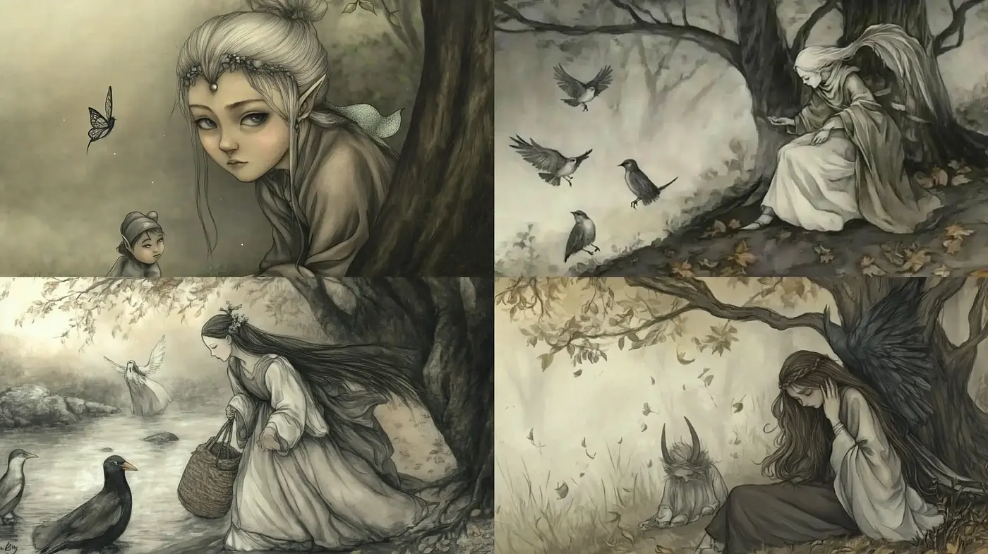 Whimsical Sepia-Toned Fantasia: A Homage to Storybook Illustrations - Midjourney sref style