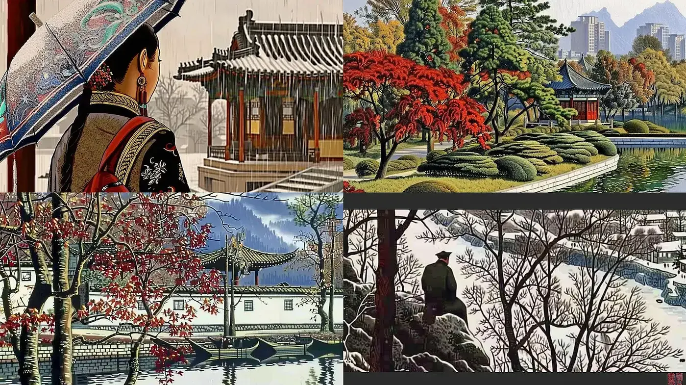 Harmonious Eastern Serenity in Seasonal Transitions - Midjourney sref style