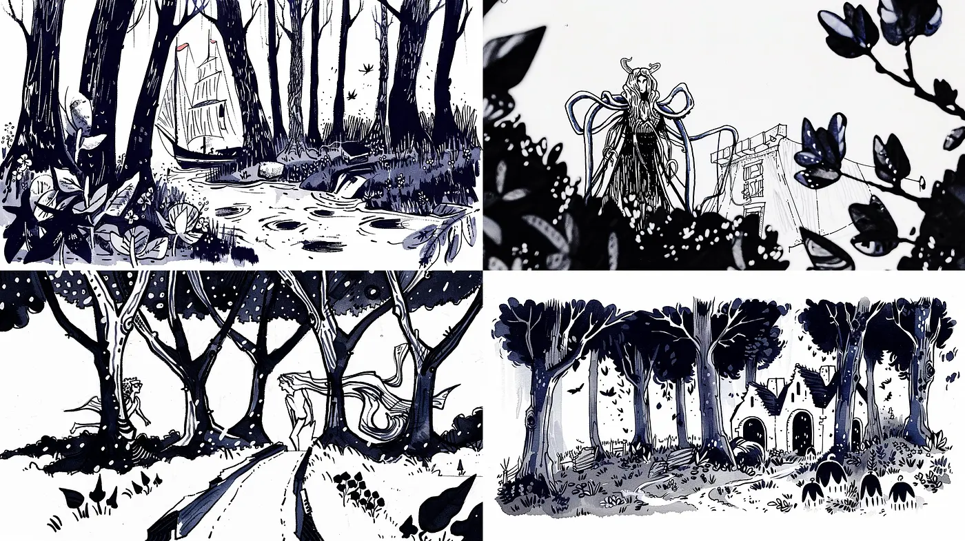 Monochromatic Fantasy: A Study in Blue Ink Washes and Dreamy Landscapes - Midjourney sref style