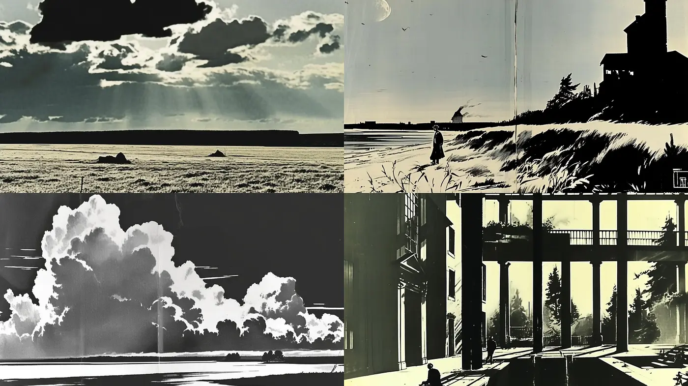 Monochromatic Serenity: A Homage to Stylized Graphic Novel Aesthetics - Midjourney sref style