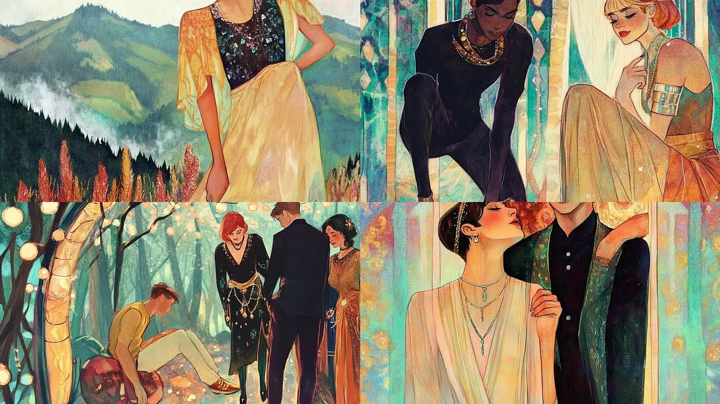 Ethereal Art Nouveau Reverie with Pastoral Elegance - Midjourney sref style