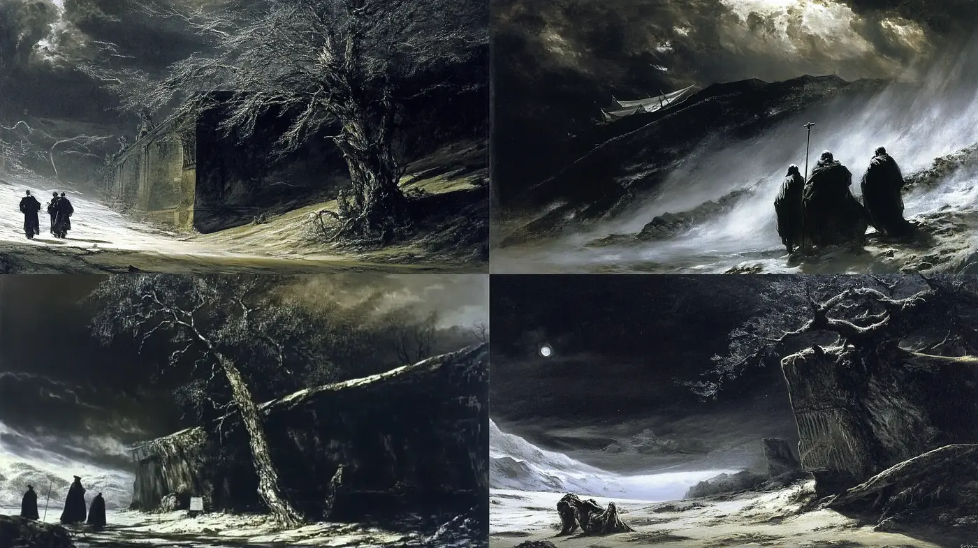 Eerie Romanticism in Monochromatic Nightscapes - Midjourney sref style