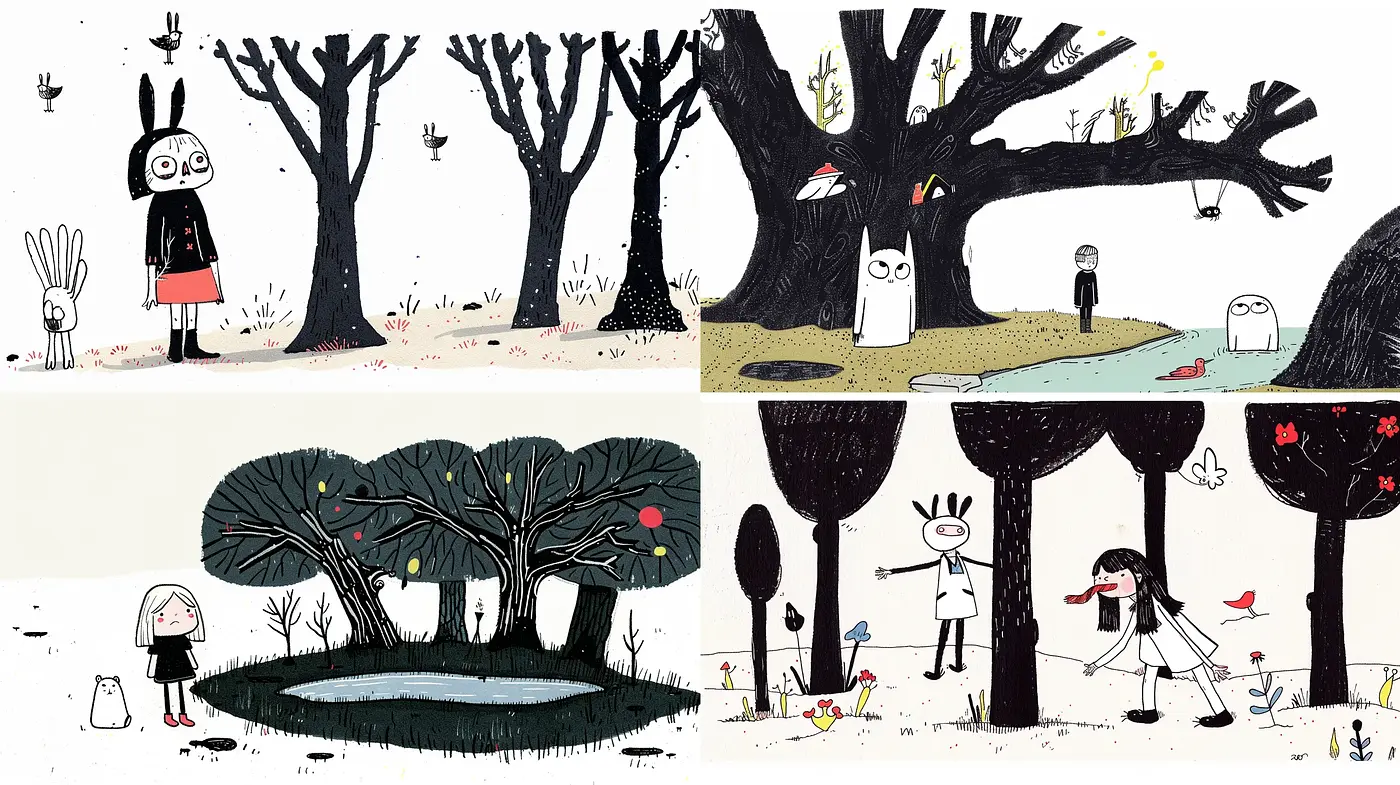 Whimsical Storybook Illustrations in Monochrome with Selective Pops of Color - Midjourney sref style