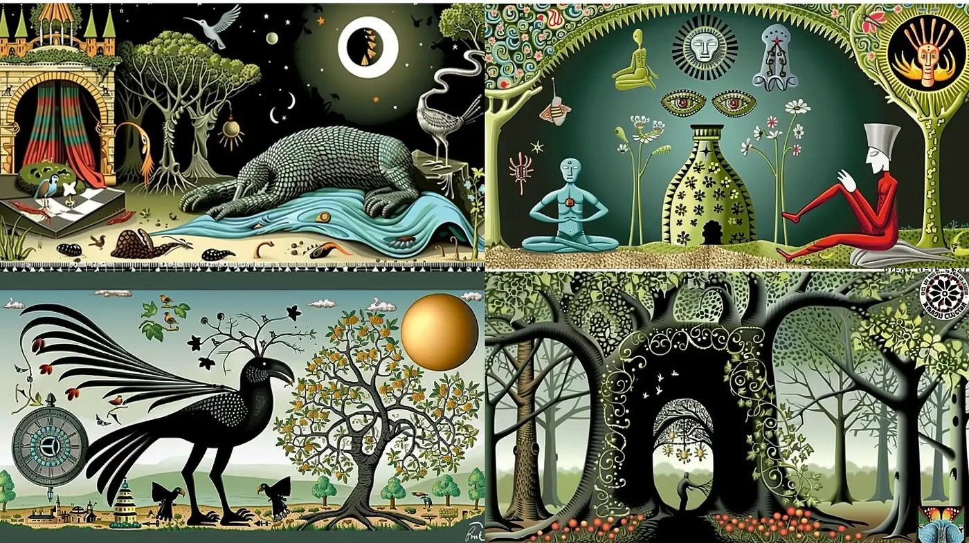 Enigmatic Surrealist Garden: A Tapestry of Dreamlike Nature and Myth - Midjourney sref style