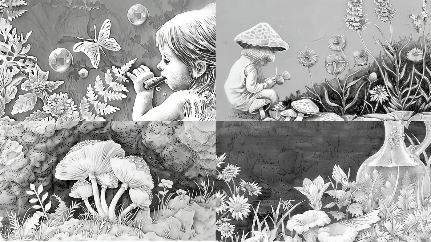 Intricate monochromatic botanical and whimsical themes - Midjourney sref style