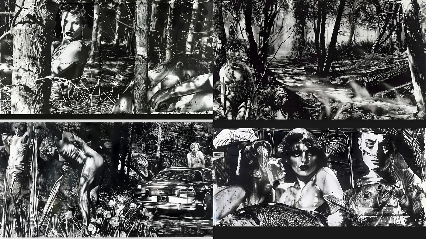 Monochromatic Wilderness Melancholy: A Homage to Classic Film Noir - Midjourney sref style